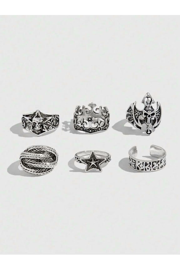 Ancient Silver - Skull Star Gothic Punk Adjustable Ring Set, 6pcs With Crown Feather Star Designs