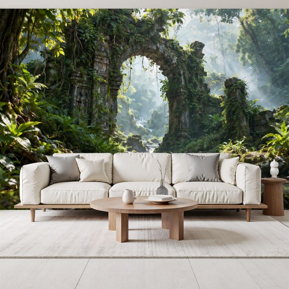Ancient Stone Archway Wallpaper Greenery Flowing Water adventure Peel and Stick Wall Murals 69"H x 96"W Removable PVC Wall Paper Self-Adhesive Wall Decor for Bedroom Living Room