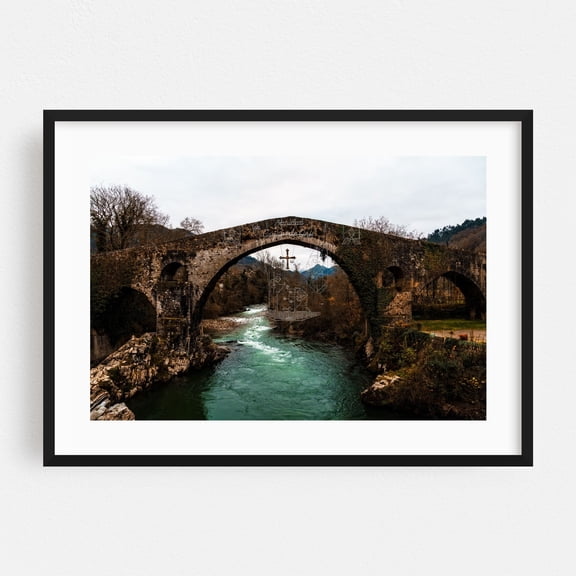 Ancient Stone Bridge over River. Roman Bridge Cangas de Onis - Cangas de Onís Spain Photography Bridge Water Architecture Autumn Landscape Scenic Black Framed Wall Art Print 5 x 7 inches