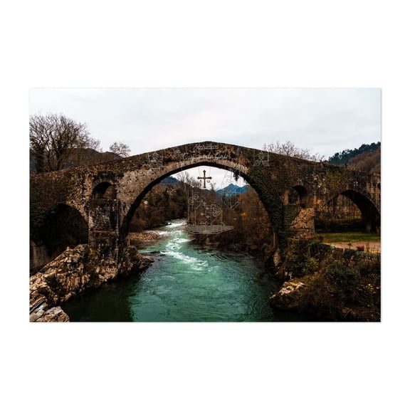 Ancient Stone Bridge over River. Roman Bridge Cangas de Onis - Cangas de Onís Spain Photography Bridge Water Architecture Autumn Landscape Scenic Unframed Wall Art Print 4 x 6 inches