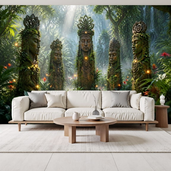 Ancient Stone Statues Wallpaper Jungle Mystical Lights mystical Peel and Stick Wall Murals 69"H x 96"W Removable PVC Wall Paper Self-Adhesive Wall Decor for Bedroom Living Room