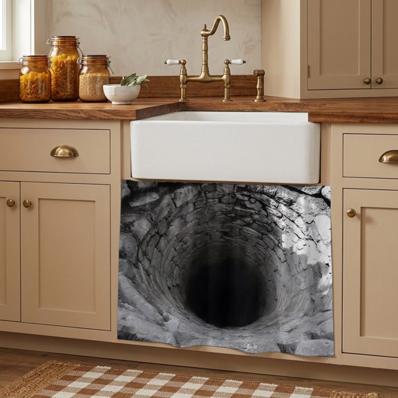 Ancient Stone Well Small Cabinet Curtains 10"W x 11"L, Deep Realistic Circular Opening Sink Skirt Dust-Proof Short Curtain for Bathroom Vanity Storage Cubby Desk, Self Adhesive Privacy Drapes