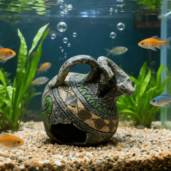 Ancient Style Pot Aquarium Decor, Resin Fish Tank Hiding Cave for Betta Shrimp, Desktop Ornament with Vintage Texture, 4.7 Inch Decorative Jar