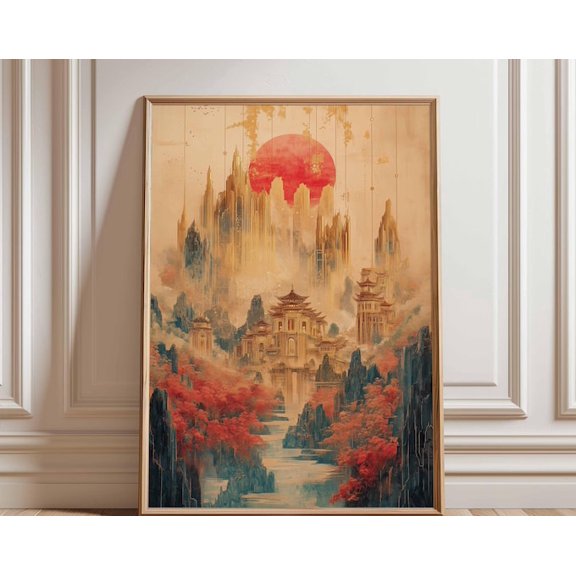 Ancient Temple Red Sun Wall Art Print, Unframed Paper Poster 24x36in