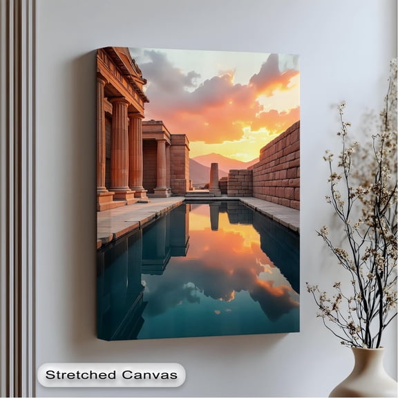 Ancient Temple Reflection Sunset Wall Art Stretched Vertical Print Classical Architecture Decor