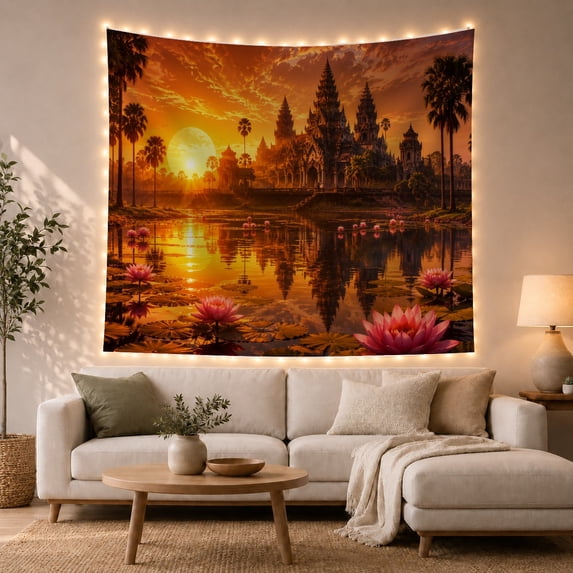 Ancient Temple at Sunset with Lotus Flowers, Majestic Psychedelic Style for Travel Lovers, Spiritual Home Decor, Housewarming Gift Tapestry Wall Hanging for Living Room and Bedroom