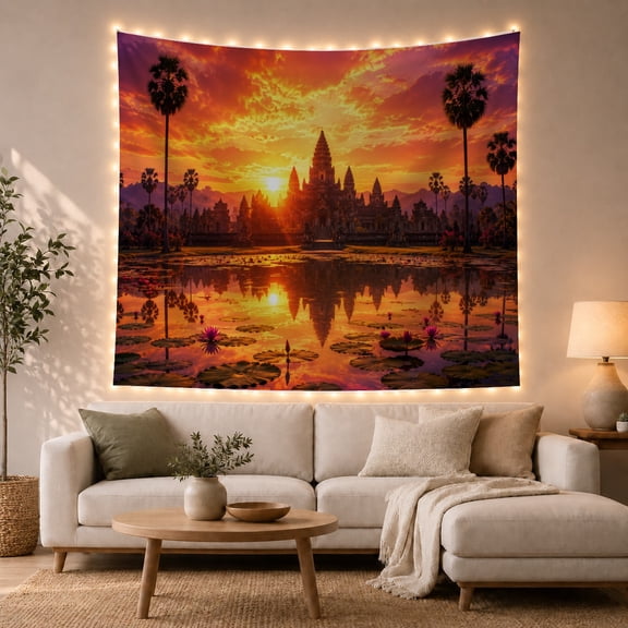 Ancient Temple at Sunset with Lotus Pond, Majestic Psychedelic for Travel Lovers, Spiritual Wall Art, Housewarming Gift, Tapestry Wall Hanging for Living Room and Bedroom