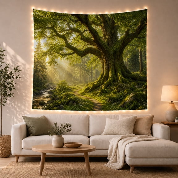Ancient Tree Beside a Sunlit Forest Stream, Peaceful Digital Art for Nature Lovers, Woodland Decor, Housewarming Gift, Tapestry Wall Hanging for Bedroom and Living Room