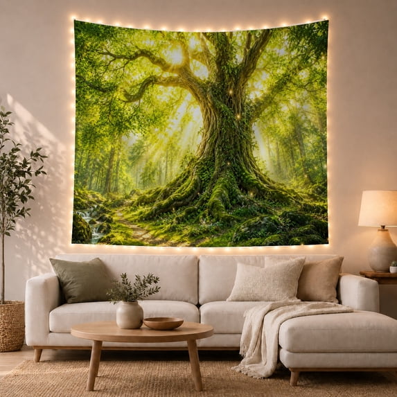 Ancient Tree Beside a Sunlit Stream in a Forest, Serene Digital Art for Nature Lovers, Woodland Decor, Housewarming Gift, Tapestry Wall Hanging for Bedroom and Living Room