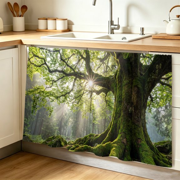 Ancient Tree Cabinet Curtains for Shelves, Zen Mystical Green Lush Forest Nature Privacy Curtain for Closet Self Adhesive, Dust-Proof Drapes for Closet Storage Room Classroom Doorway, 32"W x 55"L