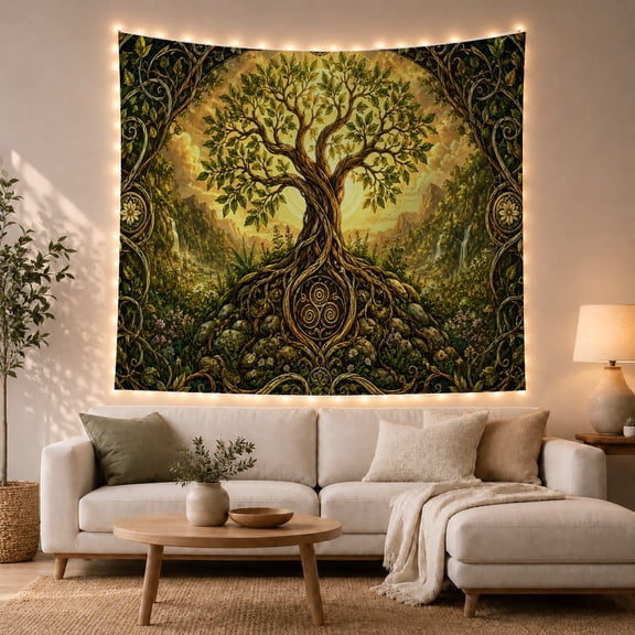 Ancient Tree with Celtic Roots and Waterfalls, Serene Fantasy Style for Nature Lovers, Tree Wall Art Housewarming Gift, Tapestry Wall Hanging for Bedroom and Living Room
