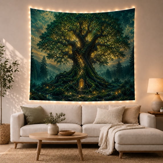 Ancient Tree with a Glowing Door in a Mountain Forest, Mystical Fantasy for Nature Lovers, Woodland Decor, Housewarming Gift, Tapestry Wall Hanging for Bedroom and Living Room