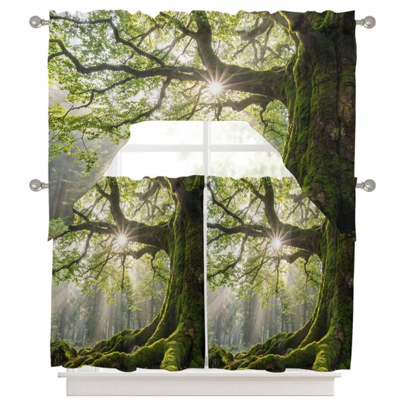 Ancient Tree Kitchen Curtains Swag Valance and Tier Curtains Set 36 Inch Length, Zen Mystical Green Lush Forest Nature Rod Pocket Drape Panels Pair Swag Curtains for Bathroom/Cafe/Window