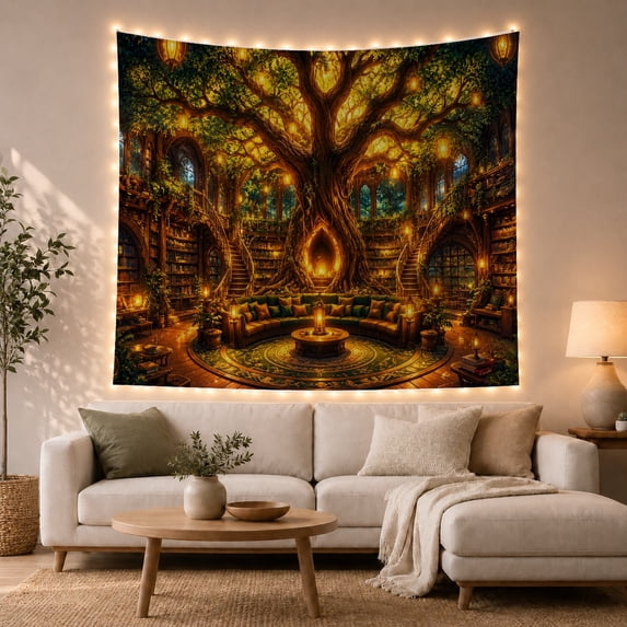Ancient Tree Library With Glowing Hollow, Mystical Fantasy Style for Book Lovers, Literary Wall Decor, Housewarming Gift Tapestry Wall Hanging for Home Library and Living Room