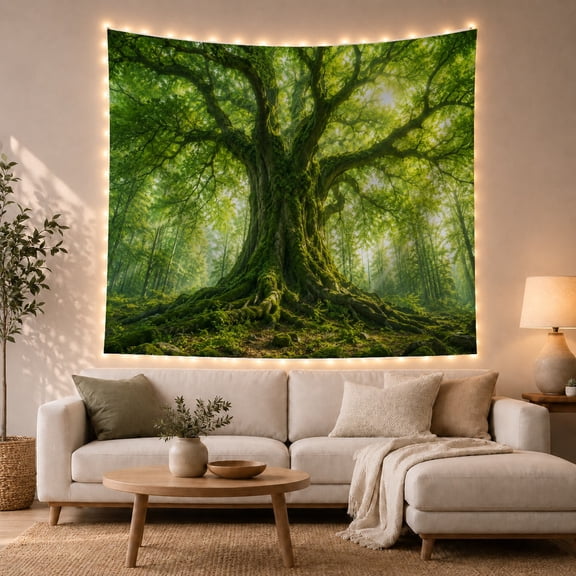 Ancient Tree in a Lush Mossy Green Forest, Serene Digital Art for Nature Lovers, Woodland Decor, Housewarming Gift, Tapestry Wall Hanging for Bedroom and Living Room
