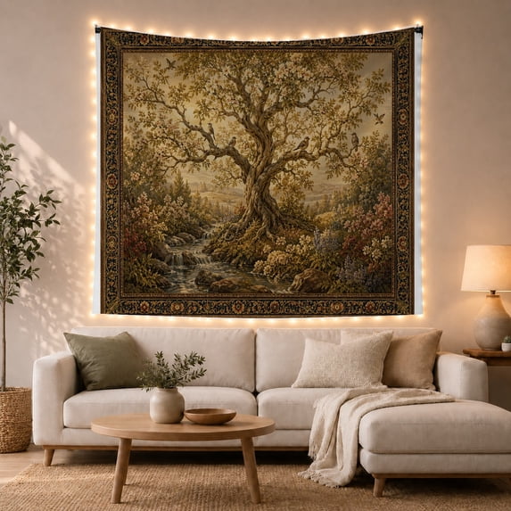 Ancient Tree by Stream in Green Valley, Peaceful Vintage Style for Nature Lovers, Landscape Wall Decor Housewarming Gift, Tapestry Wall Hanging for Bedroom and Living Room