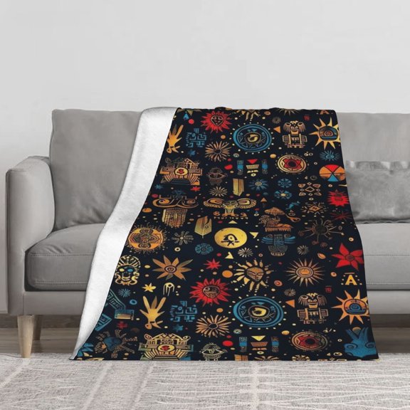Ancient Tribal Aztec Mayan Symbol Flannel Fleece Throw Blanket, Ethnic Sun Totem Folk Hieroglyph Pattern Soft Cozy Lightweight Blanket for Sofa Couch Bed
