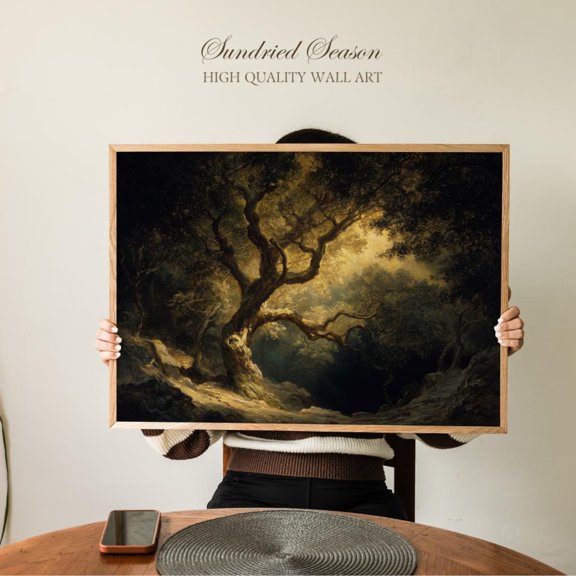 Ancient Twisted Oak in Sunlit Forest Magical Woodland Glow Atmospheric, Unframed Paper Poster 8x10in