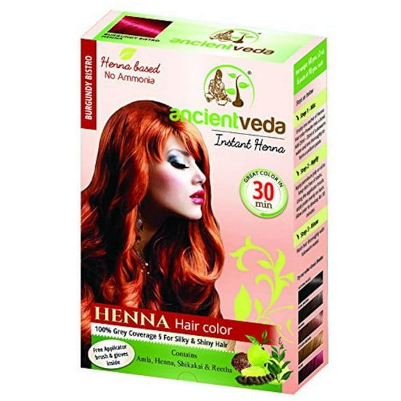Ancient Veda Permanent Burgundy Henna Hair Color with Applicator Brush and Gloves 60 Grams