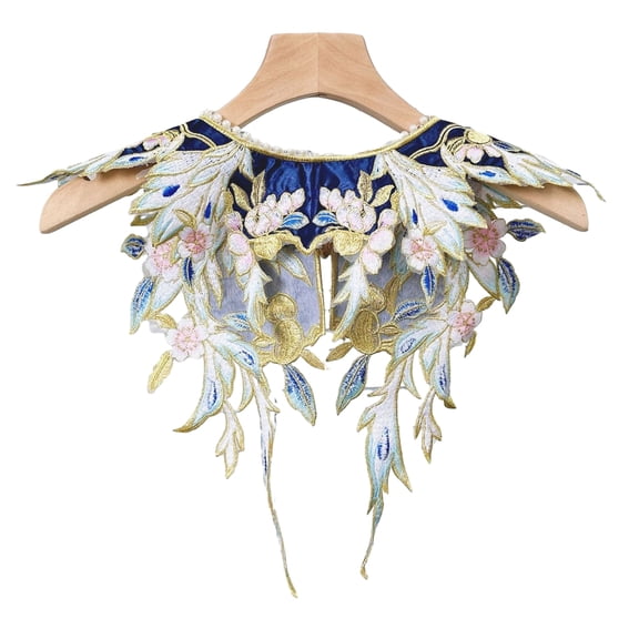 Ancient Vintage Embroidery Floral Small Shawl Wrap Pearl Neckline Detachable Fake Collar Capelet Costume Accessory