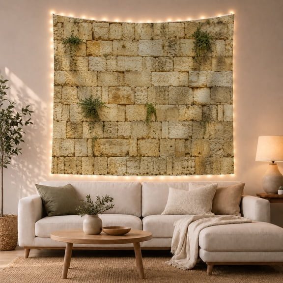 Ancient Weathered Stone Wall with Moss and Plants, Moody Rustic for History Lovers, Realistic Masonry Texture Art, Housewarming Gift, Tapestry Wall Hanging for Bedroom and Living Room