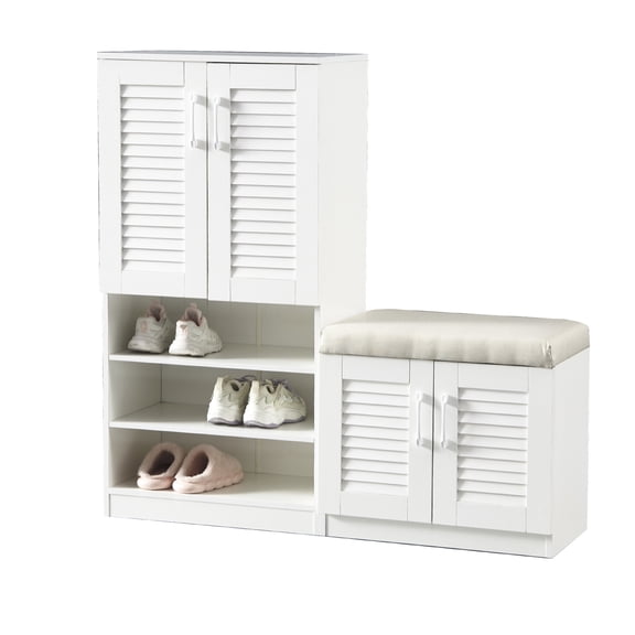 Ancient White Particle Board - Breathable Louvered Door for Odor Reduction - Dressing Room - Soft Cushion Bench