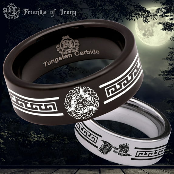 Ancient Wolf and Raven Tungsten Carbide Ring
