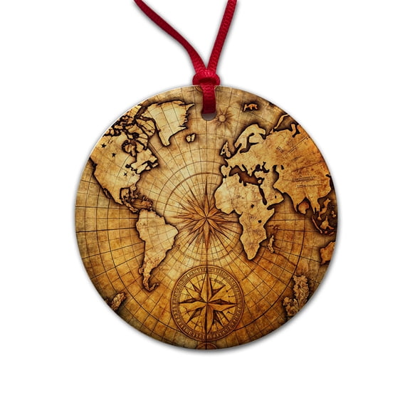 Ancient World Map with Compass Rose Christmas Tree Holiday Round Ceramic Ornament
