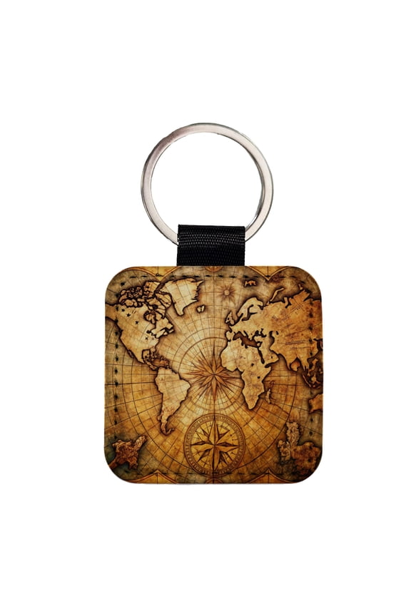 Ancient World Map with Compass Rose Faux Leather Square Keychain