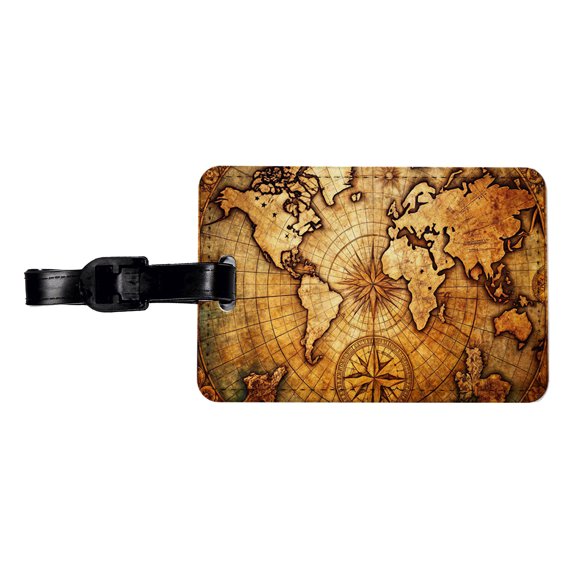 Ancient World Map with Compass Rose Faux Leather Travel Luggage Tag