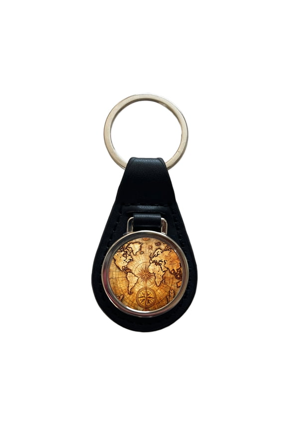Ancient World Map with Compass Rose Metal Black Leather Keychain