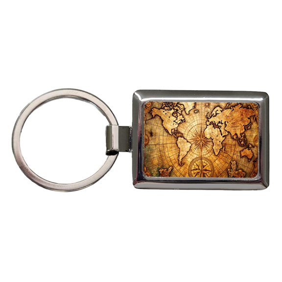 Ancient World Map with Compass Rose Metal Rectangle Keychain