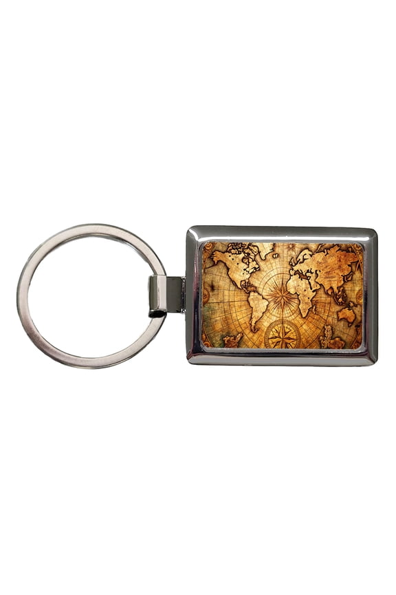 Ancient World Map with Compass Rose Metal Rectangle Keychain