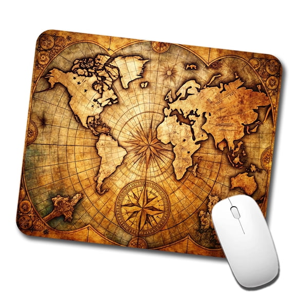 Ancient World Map with Compass Rose Mouse Pad Low Profile Gaming Mat