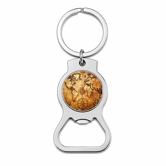 Ancient World Map with Compass Rose Portable Bottle Opener Metal Keychain