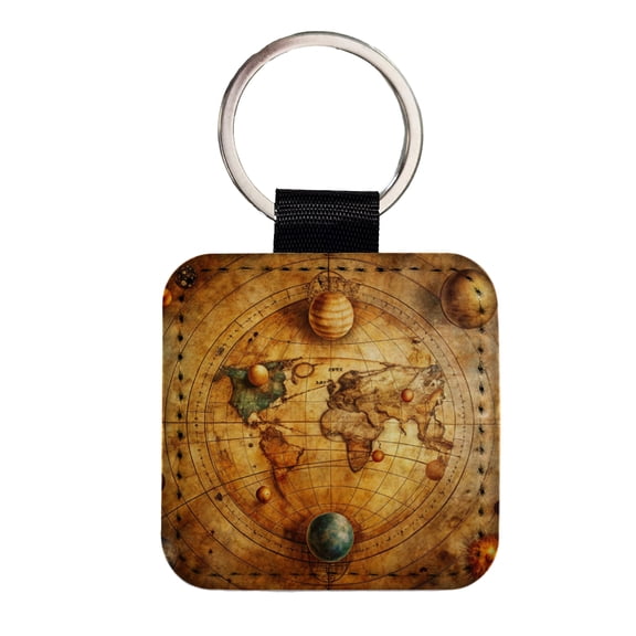 Ancient Worn Map Of The Earth and Solar System Faux Leather Square Keychain