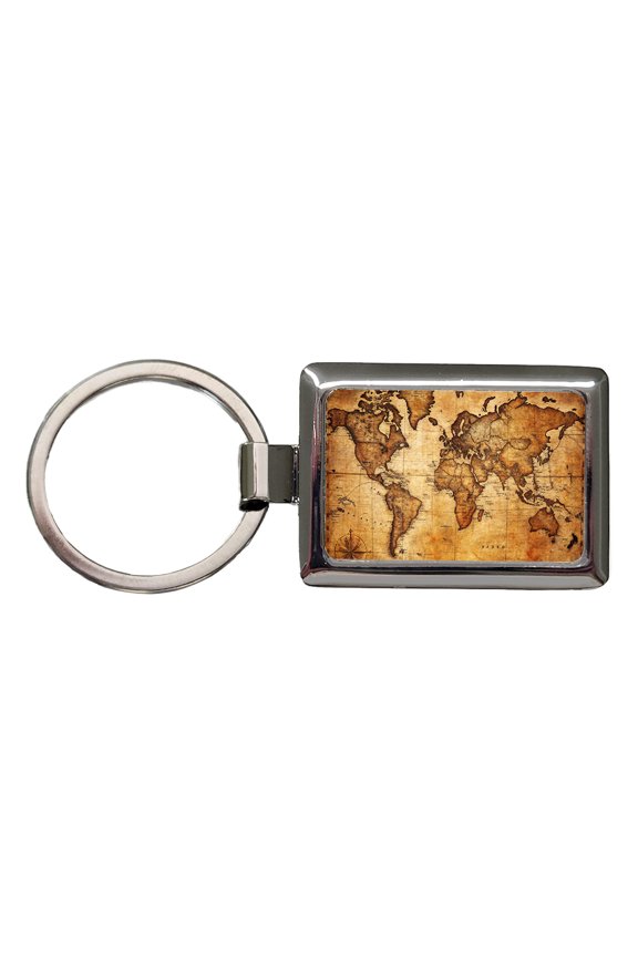 Ancient Worn Map Of The World Continents Metal Rectangle Keychain