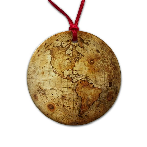 Ancient Worn Map the Earth Globe and Planets Christmas Tree Holiday Round Ceramic Ornament