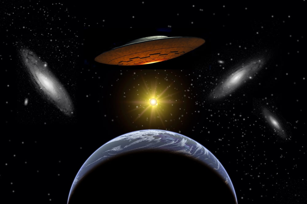 Ancient aliens arriving towards Earth in flying saucers Canvas Art - Mark StevensonStocktrek Images (18 x 12)