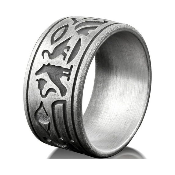 Ancient egyptian mythology ring for men in silver, Hieroglyphics band silver ring, Egyptian wedding ring for her, Mythology lover band ring