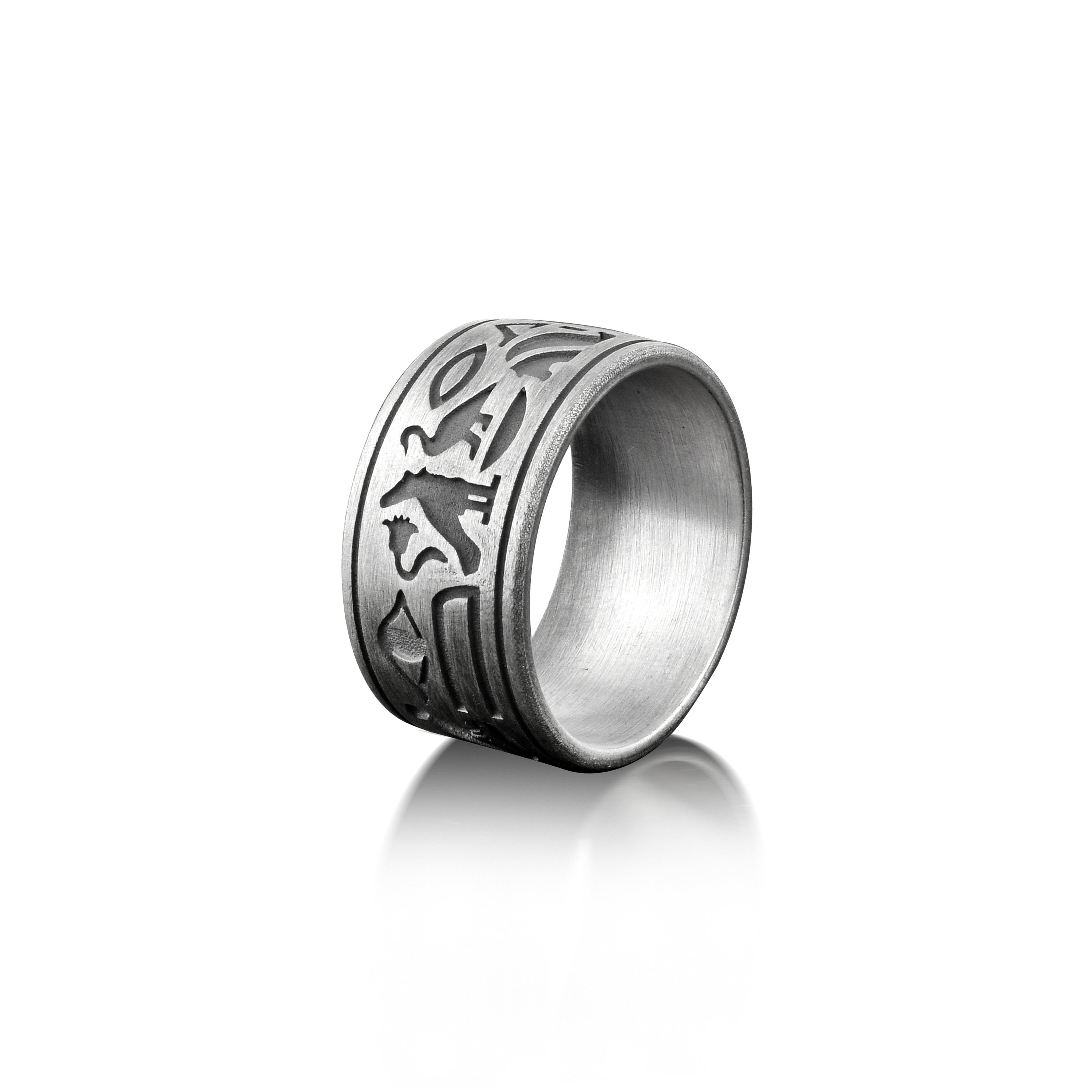 Ancient egyptian mythology ring for men in silver, Hieroglyphics band