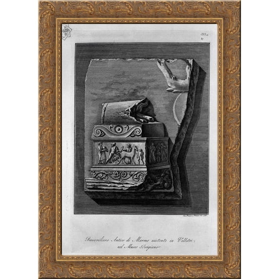 Ancient marble bas relief in the Museo Borgia existing Velletri (inc F Piranesi) 20x24 Gold Ornate Wood Framed Canvas Art by Piranesi, Giovanni Battista