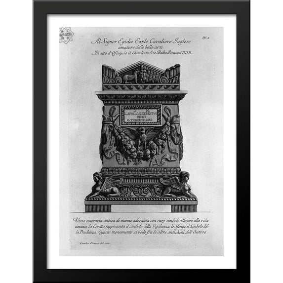 Ancient marble urn adorned with various symbols alluding to human life 28x38 Large Black Wood Framed Print Art by Giovanni Battista Piranesi