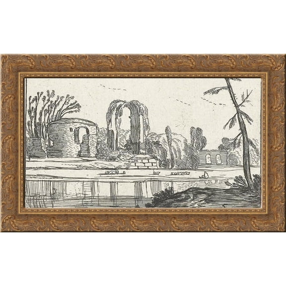 Ancient ruins by a river 24x16 Gold Ornate Wood Framed Canvas Art by Esaias van de Velde