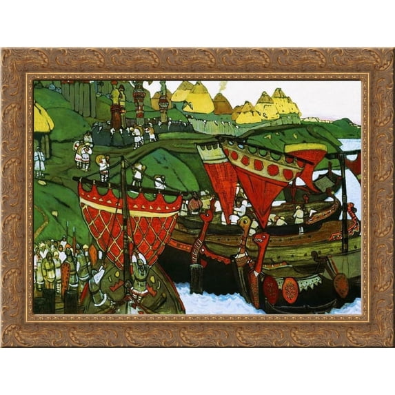 Ancient russians at Dnieper 24x18 Gold Ornate Wood Framed Canvas Art by Nicholas Roerich