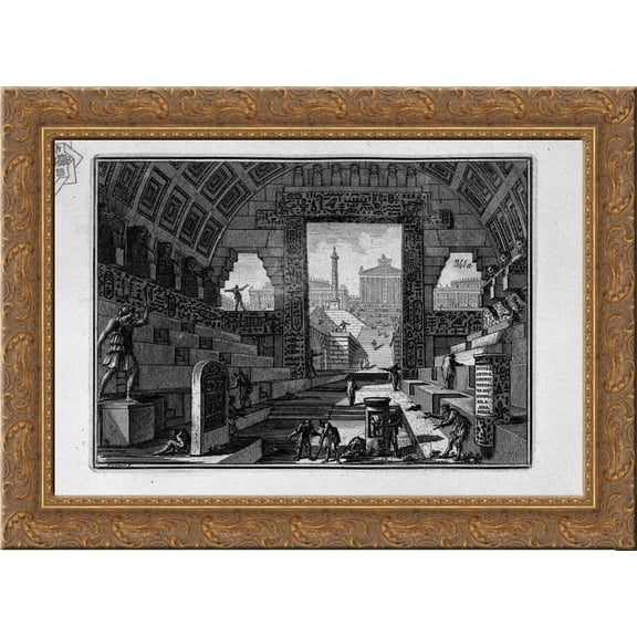 Ancient school engineered by Egyptian and Greek 24x20 Gold Ornate Wood Framed Canvas Art by Piranesi, Giovanni Battista