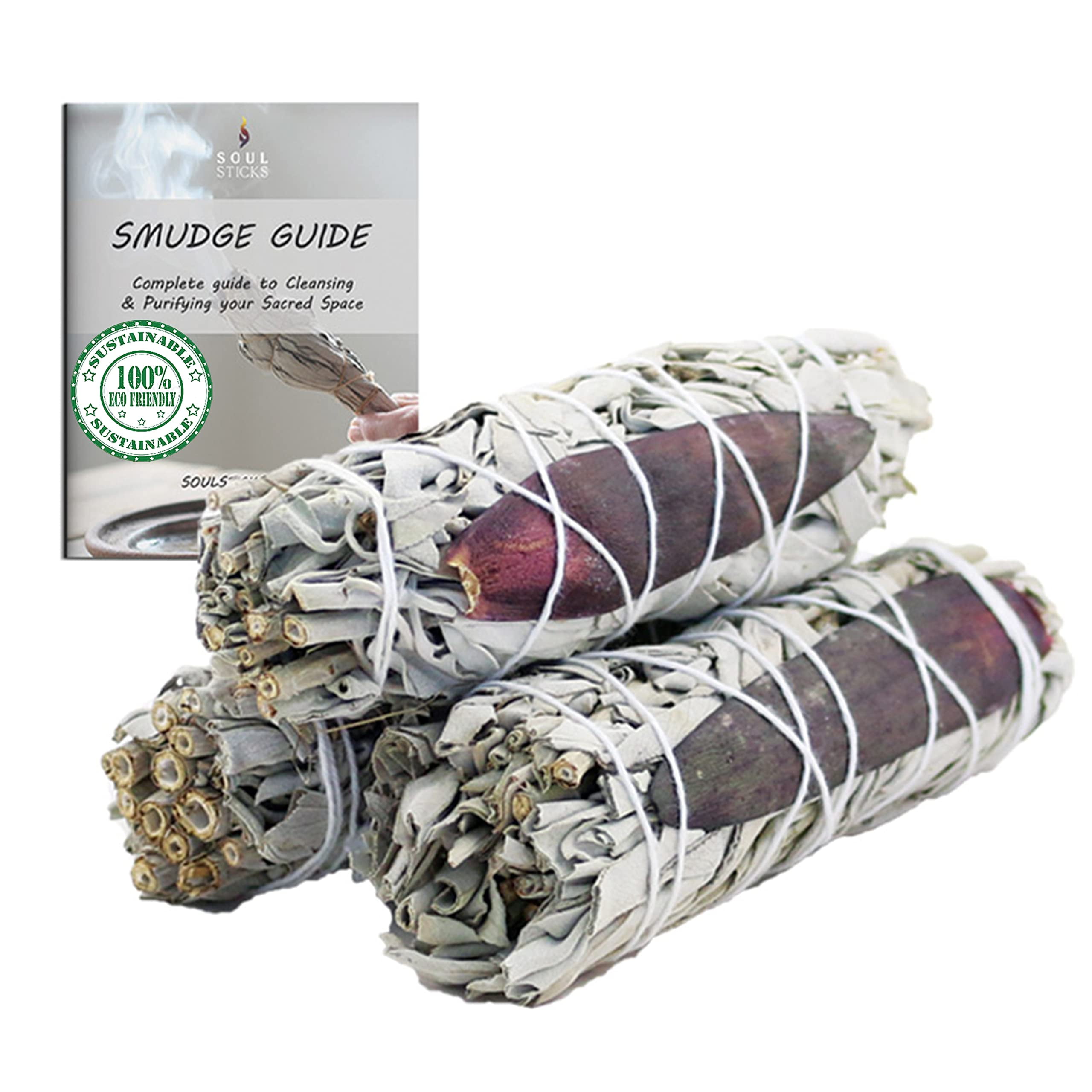 AncientVeda California White Sage & Safari Flower Smudge Sticks Pack of 3 Bundles & Smudge Guide