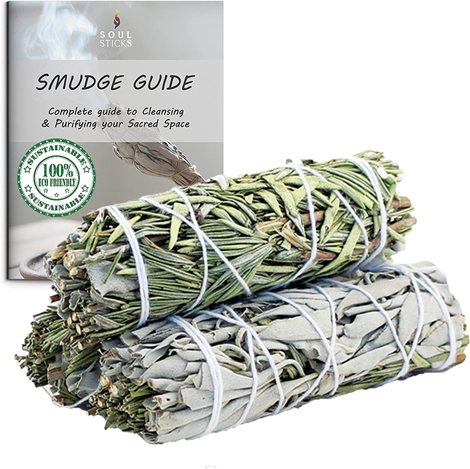 AncientVeda White Sage & Rosemary Sage Smudge Sticks Pack of 3 Bundles & Smudge Guide for