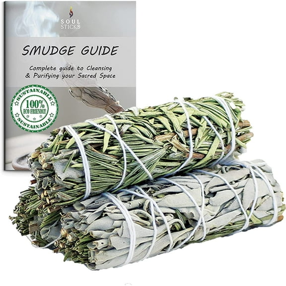 AncientVeda White Sage & Rosemary Sage Smudge Sticks Pack of 3 Bundles & Smudge Guide for Smudging, Cleansing, Meditation, Purification (Mixes, White Sage & Rosemary)