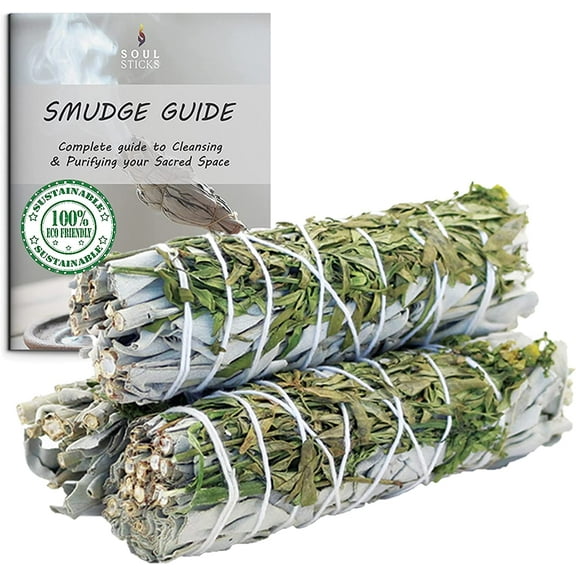 AncientVeda White Sage & Ruda Rue Smudge Sticks Pack of 3 & Smudge Guide for Smudging, Cleansing, Meditation, Purification